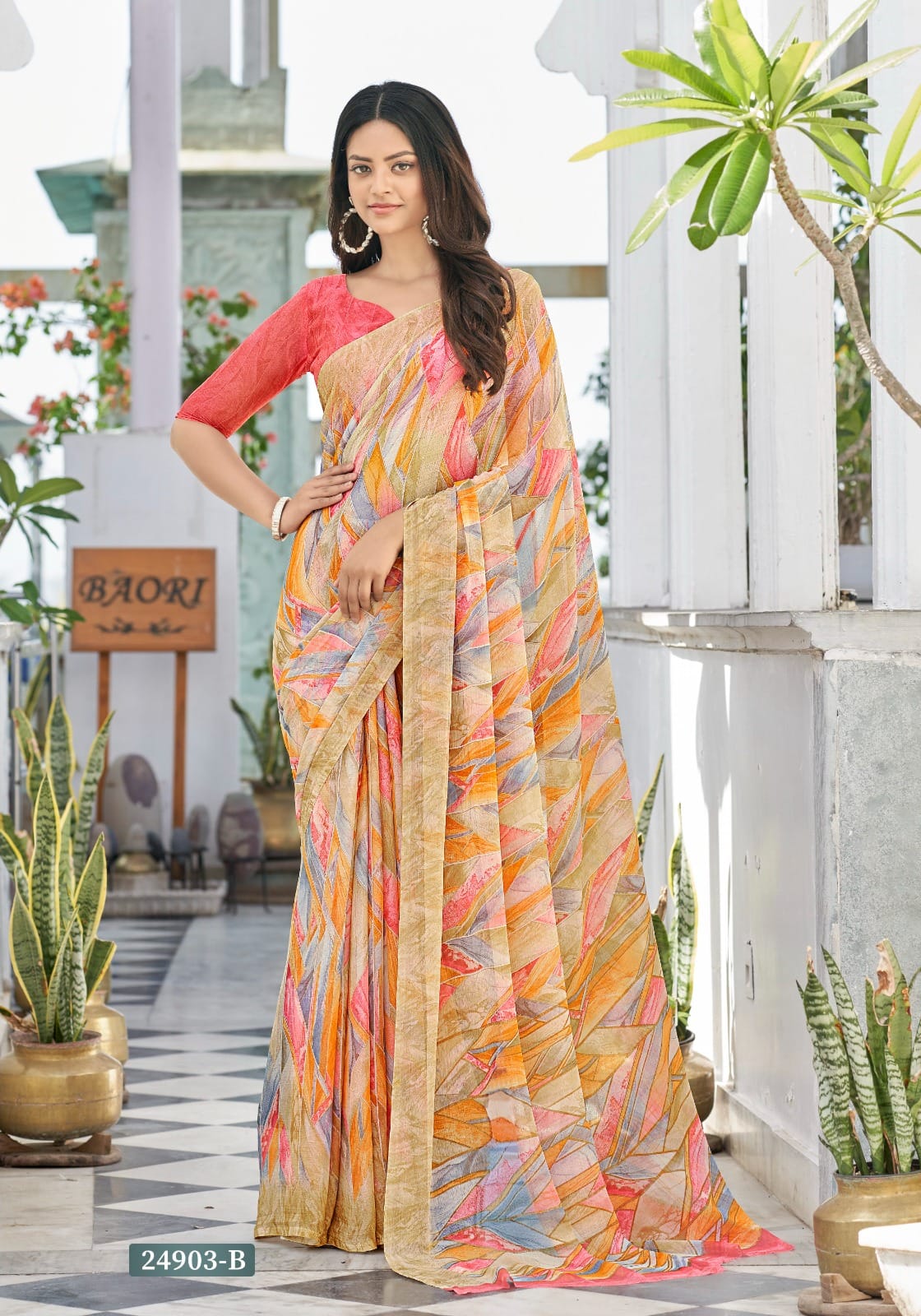 Vishal Prints Pink Chiffon Saree With Embroidery Work And Fancy Border