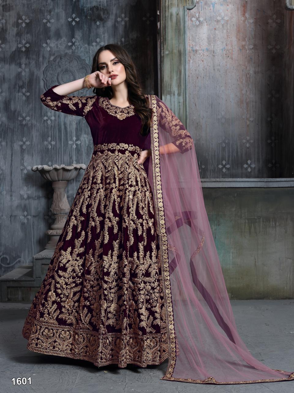 153123 Orignal 9000 Velvet Gown WINE COLOUR COLLECTIONS MANUFACTURER -  Reewaz International | Wholesaler & Exporter of indian ethnic wear catalogs.