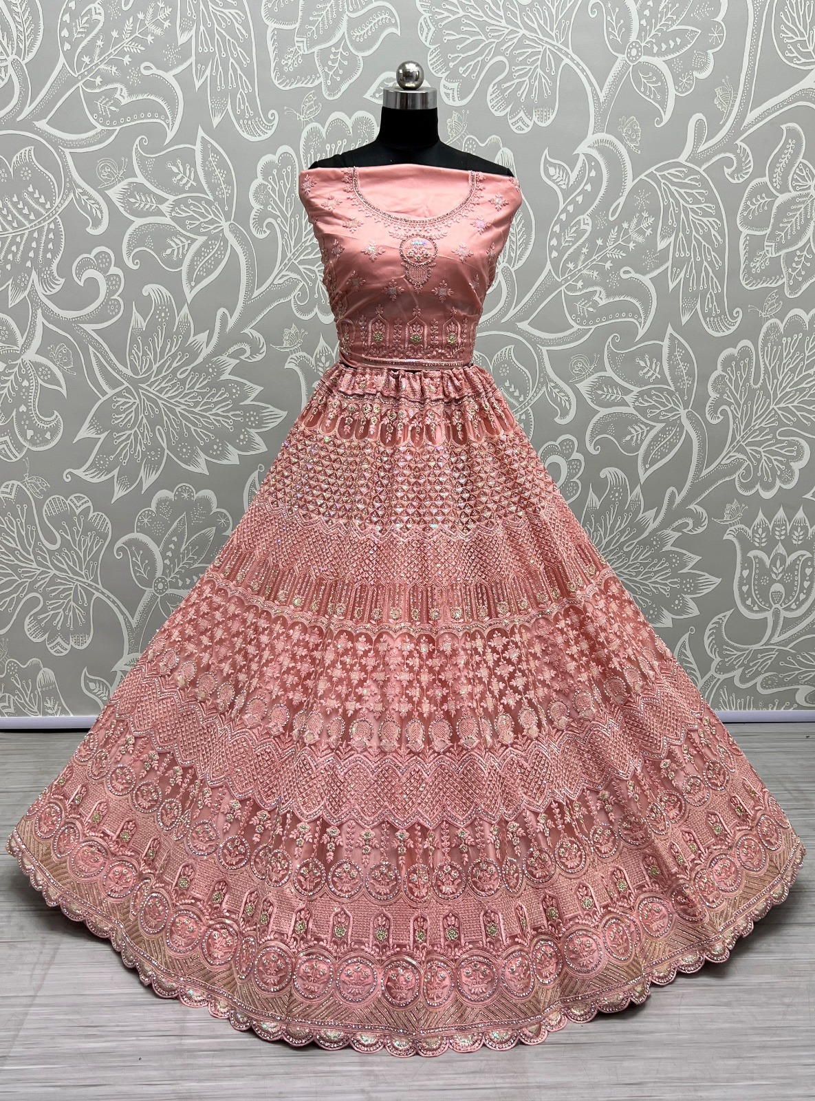 Buy Nude Pink Stone Embroidered Net Bridal Gown Online | Samyakk