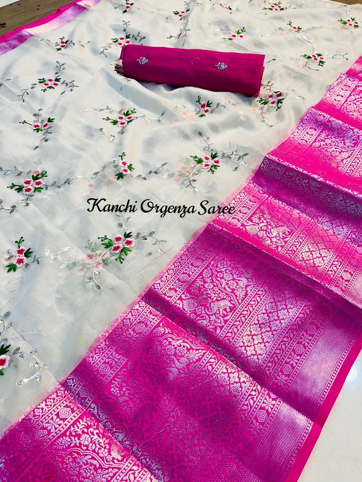 Cream Jacquard Nylon Organza Silk Kanchi Organza Silk Saree With Blouse  Piece - Yadu Nanadan Fashion - 2760903