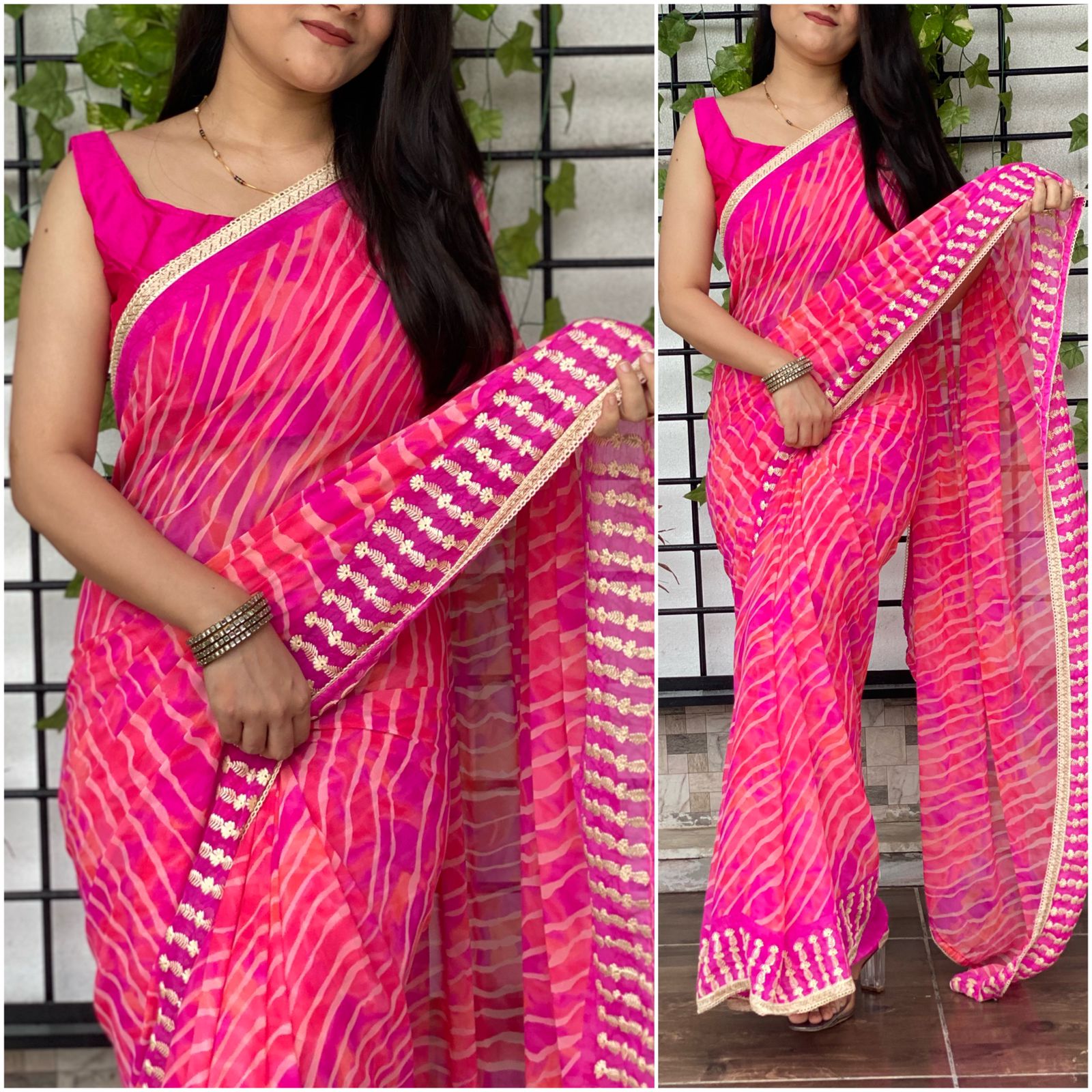 Buy Coral Pink Saree With Lehariya Print And Paisley Motifs On The Pallu  Along With Gotta Border Online - Kalki Fashion