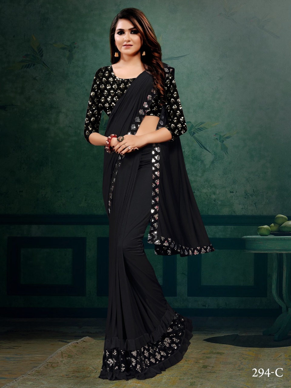 Buy Party Wear Black Lycra Hand Work Readymade Saree (Blouse Size 36 and  38) Online