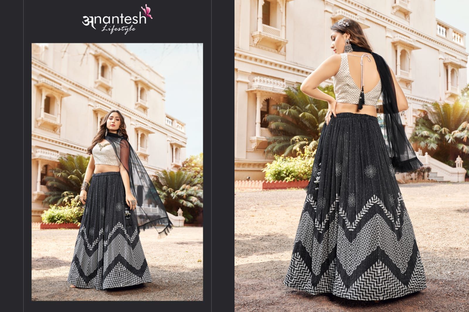 BRIDESMAIDS READYMADE BLACK COLOUR GEORGETTE LEHENGA, CROP TOP BLOUSE –  Kothari Sons