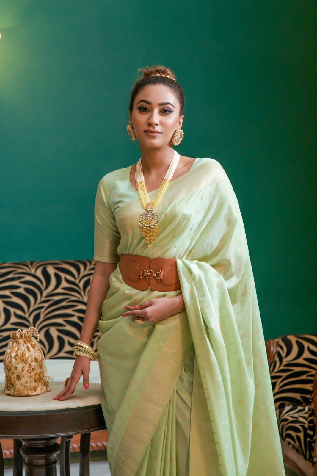 South Indian bride- golden cream saree and green blouse. | Saree blouse  designs, Blouse designs silk, Blouse design models