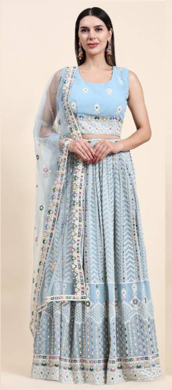 D.NO. C1949A TO C1949C BY AMOHA PURE VISCOSE GEORGETTE  FABRIC WITH LAKHNAVI THREAD WORK LEHENGA CHOLI MANUFACTURER IN INDIA