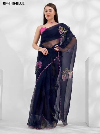 D.NO. OP 448 BLUE BY LAXMINAM ORGANZA SAREE MANUFACTURER IN INDIA