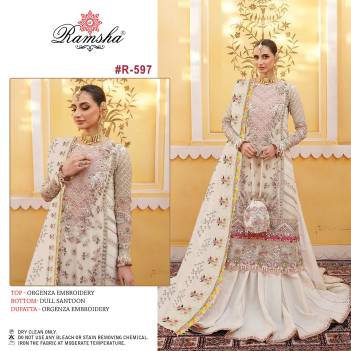 D.NO. R-597  BY RAMSHA ORGANZA  EMBROIDERY SALWAR KAMEEZ WHOLESALER IN INDIA