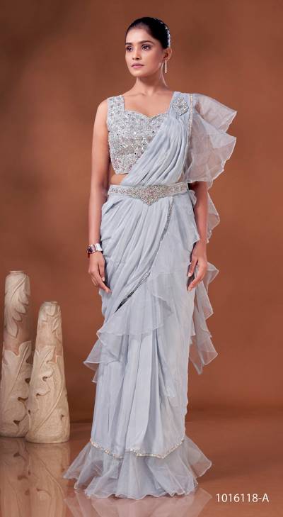 D. NO. 1016118A TO 1016118E BY AMOHA PURE CHINON SAREE WHOLESALER IN INDIA