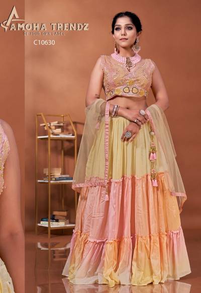 D.NO. C10630 BY AMOHA READYMADE CROP TOP LEHENGA CHOLI DESIGNER LEHENGA CHOLI WHOLESALERS IN SURAT