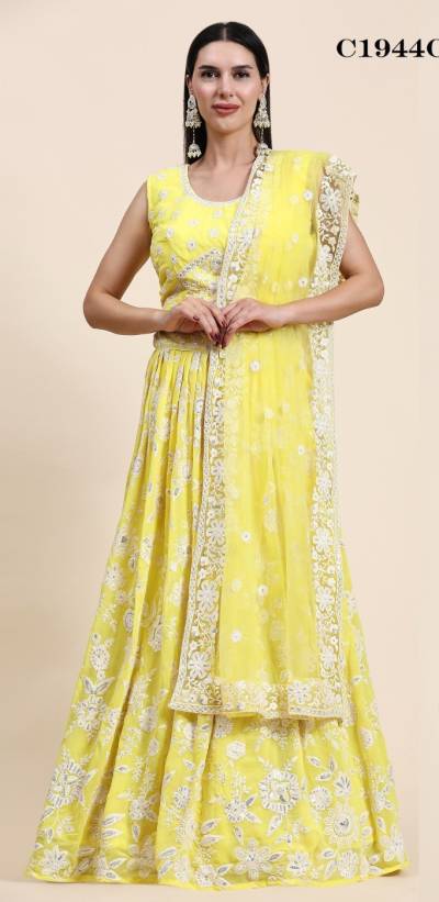 D.NO. C1944A TO C1944C BY AMOHA PURE VISCOSE GEORGETTE LEHENGA CHOLI MANUFACTURER IN INDIA