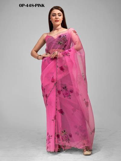 D.NO. OP 448 PINK BY LAXMINAM ORGANZA SAREE MANUFACTURER IN INDIA